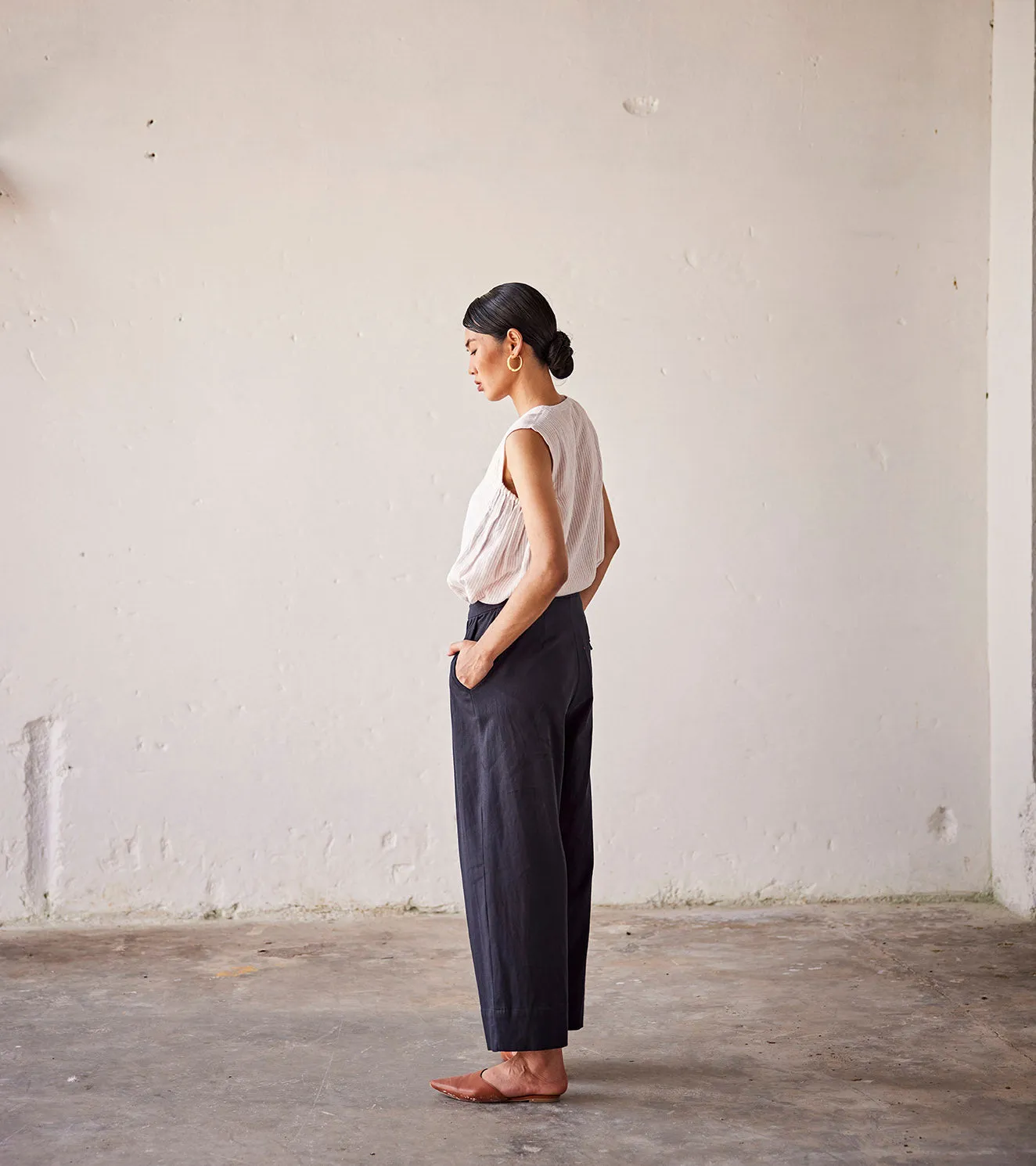 Summer Pant Cotton Twill Pleat-Black-Fashion Edit Indian Summer-KW815-Khara Kapas
