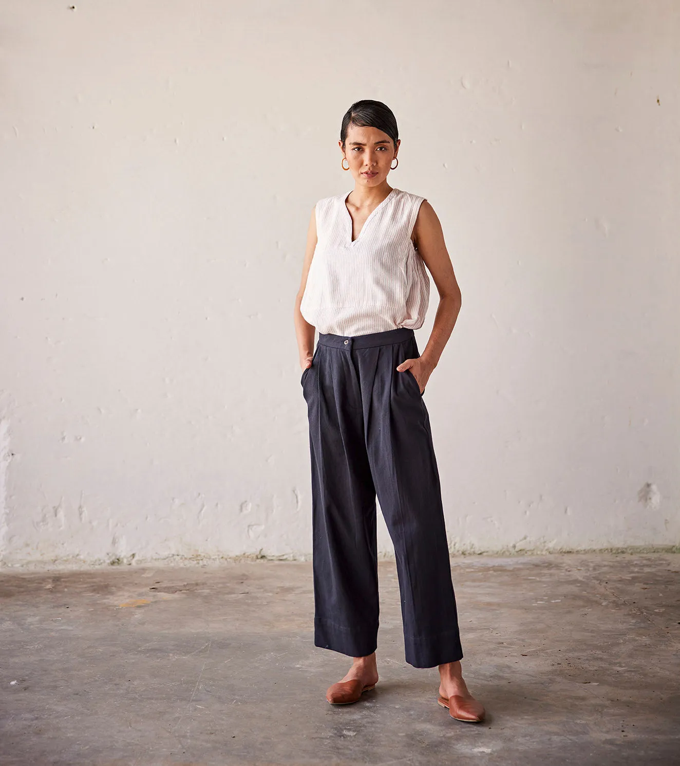 Summer Pant Cotton Twill Pleat-Black-Fashion Edit Indian Summer-KW815-Khara Kapas