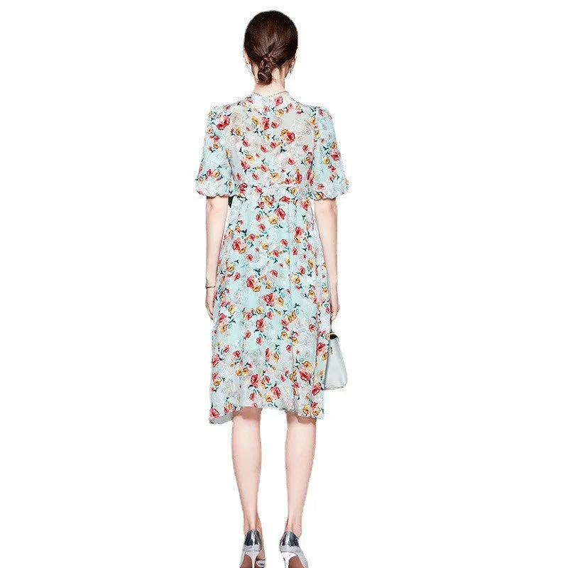 Summer V-neck Mulberry Silk French Style High Waist Mid-length Dress