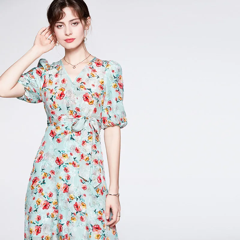 Summer V-neck Mulberry Silk French Style High Waist Mid-length Dress