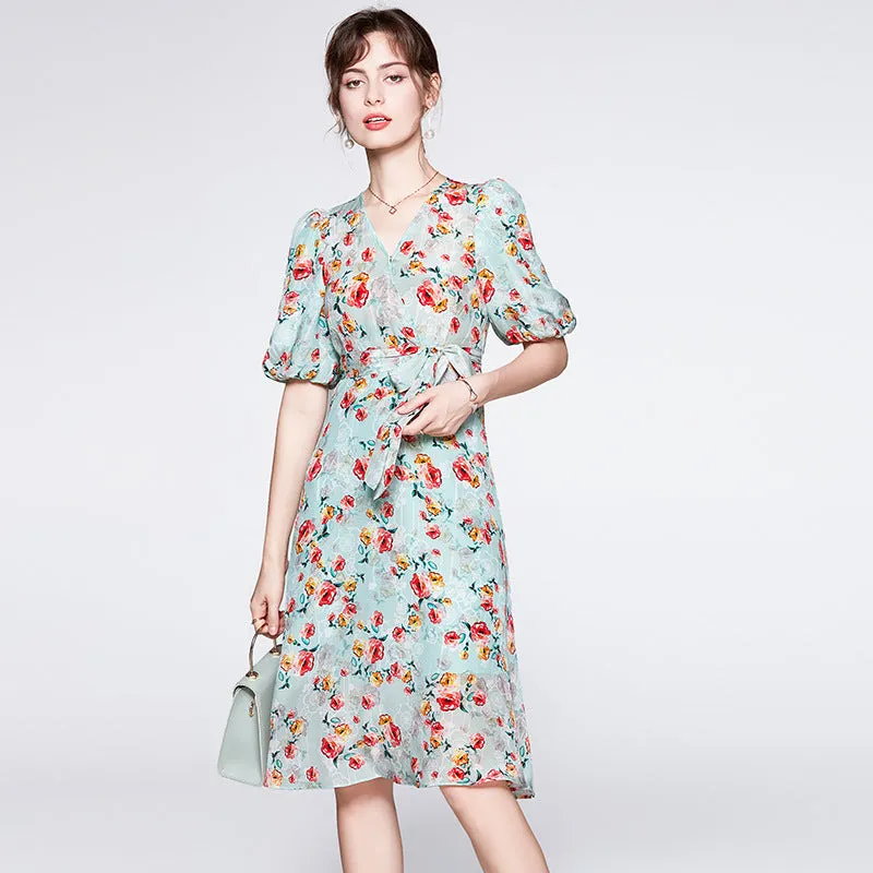 Summer V-neck Mulberry Silk French Style High Waist Mid-length Dress