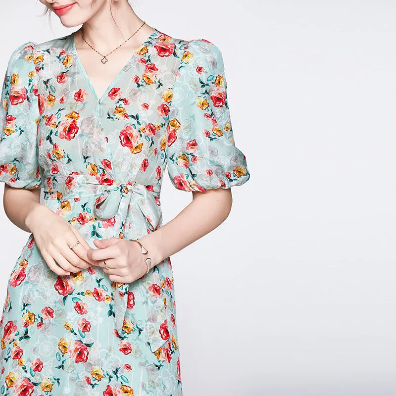 Summer V-neck Mulberry Silk French Style High Waist Mid-length Dress