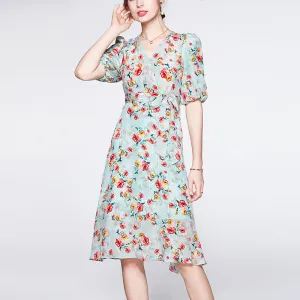 Summer V-neck Mulberry Silk French Style High Waist Mid-length Dress