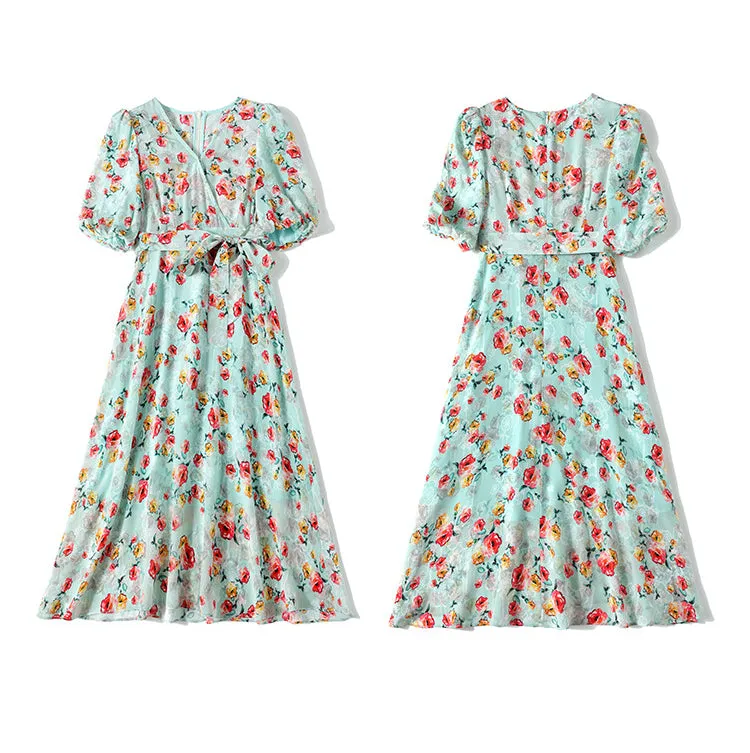 Summer V-neck Mulberry Silk French Style High Waist Mid-length Dress