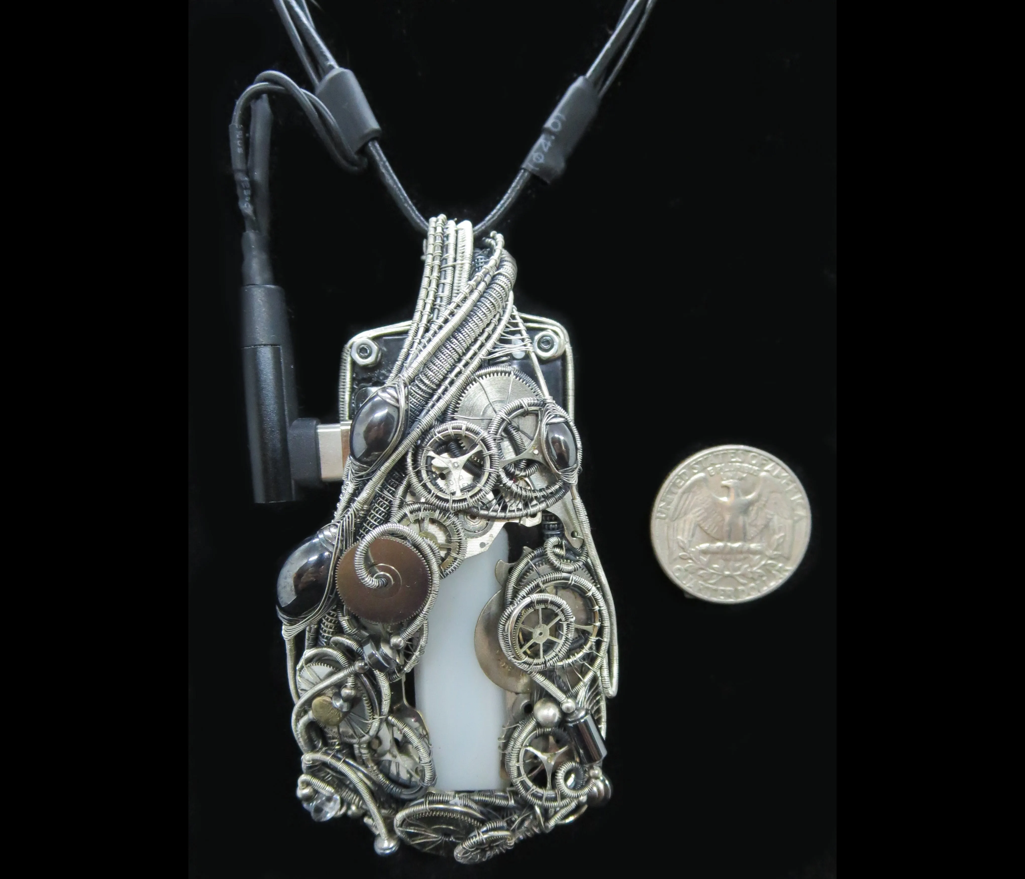 Sunrise-Sunset Steampunk/Cyberpunk Fusion Necklace in Sterling Silver with Upcycled Watch Parts & LEDs