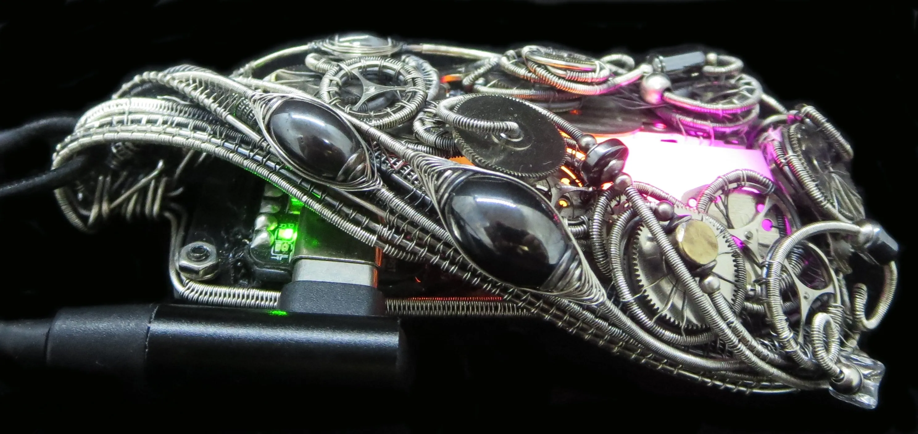 Sunrise-Sunset Steampunk/Cyberpunk Fusion Necklace in Sterling Silver with Upcycled Watch Parts & LEDs