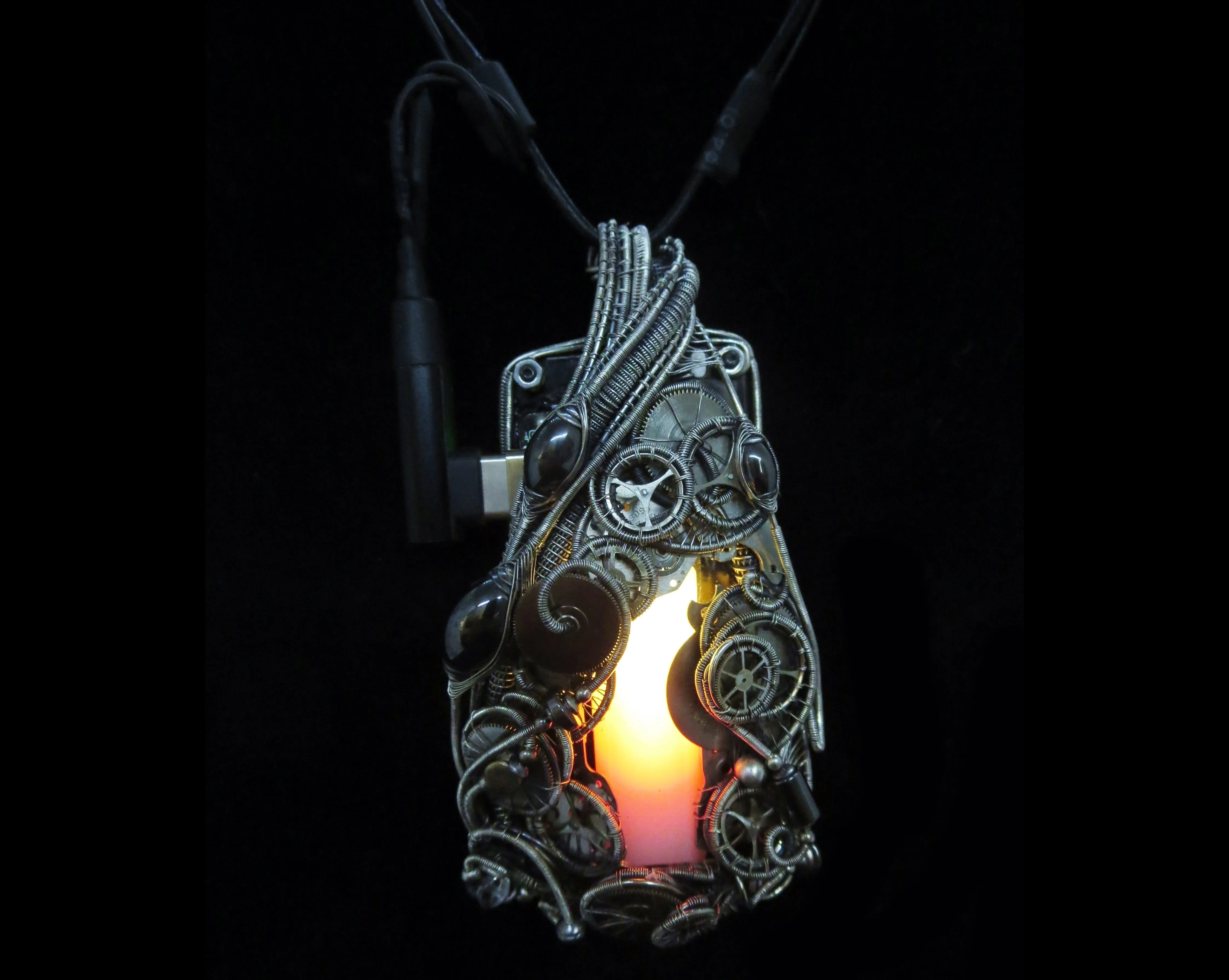 Sunrise-Sunset Steampunk/Cyberpunk Fusion Necklace in Sterling Silver with Upcycled Watch Parts & LEDs