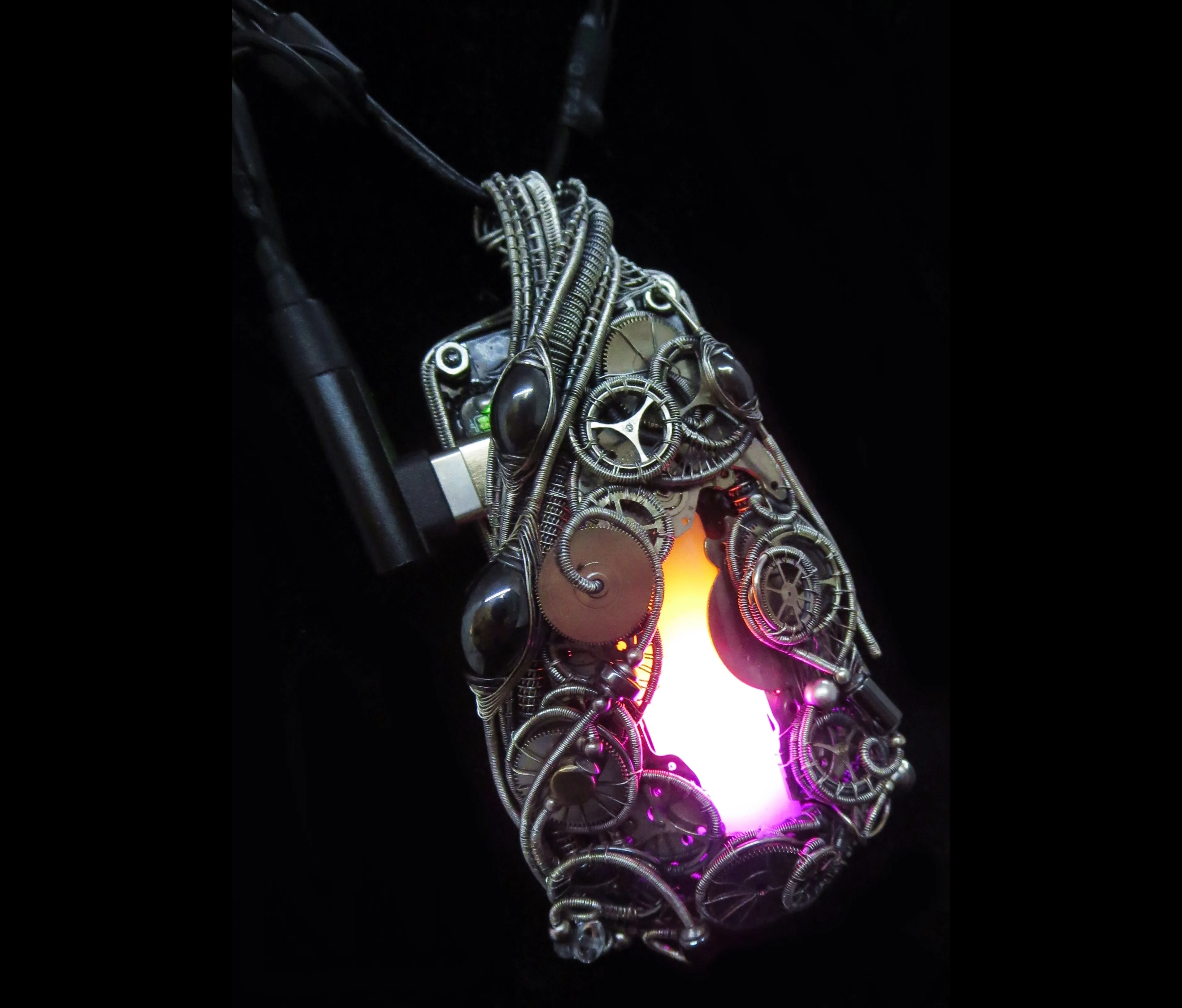 Sunrise-Sunset Steampunk/Cyberpunk Fusion Necklace in Sterling Silver with Upcycled Watch Parts & LEDs
