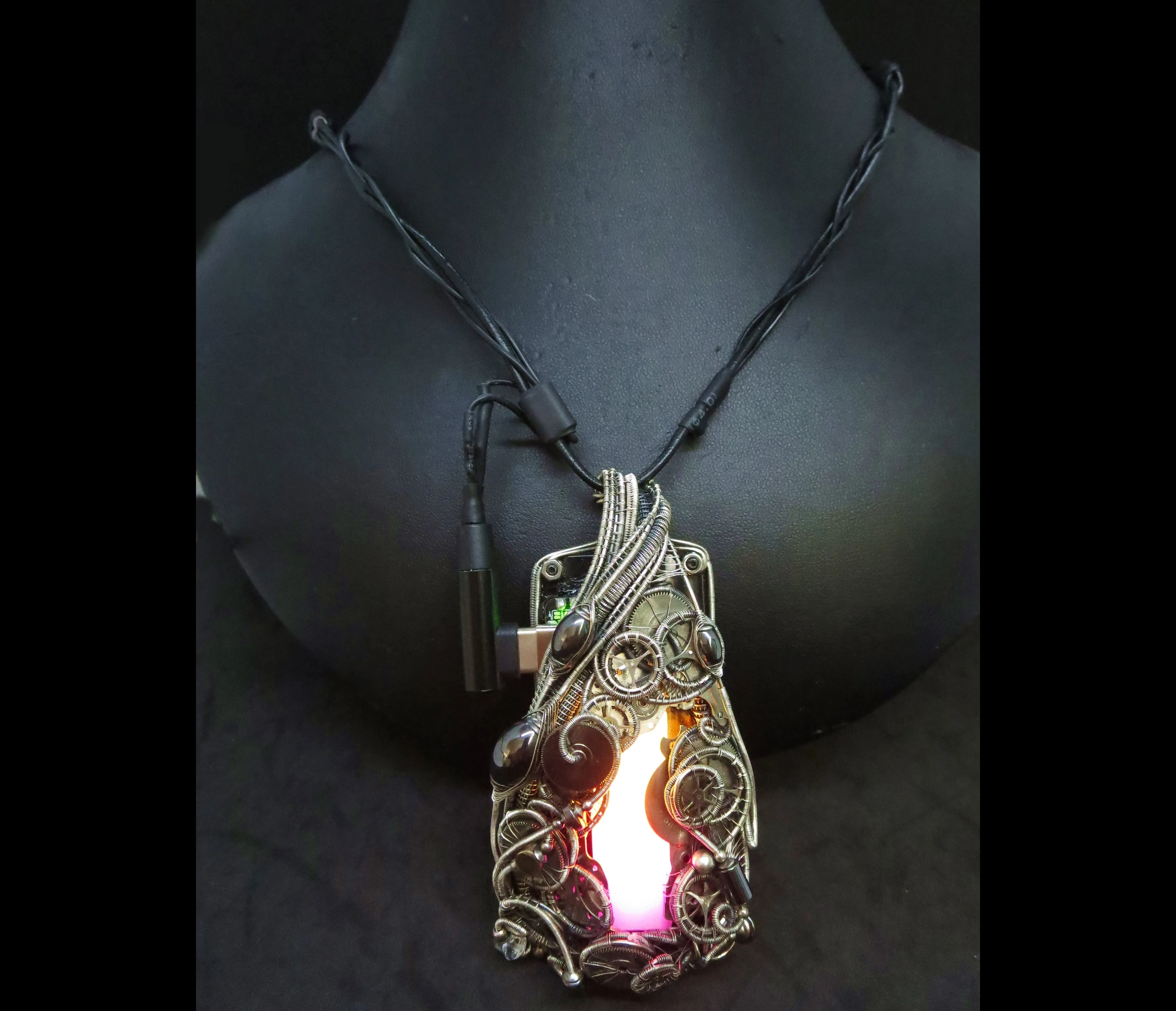 Sunrise-Sunset Steampunk/Cyberpunk Fusion Necklace in Sterling Silver with Upcycled Watch Parts & LEDs