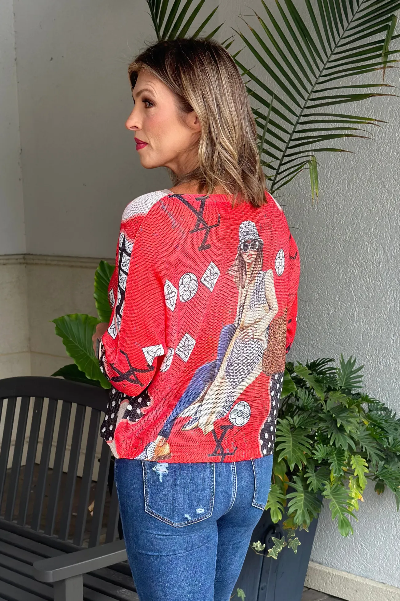 Sweet LV Shopping Queen Batwing Knit Sweater Top-Red