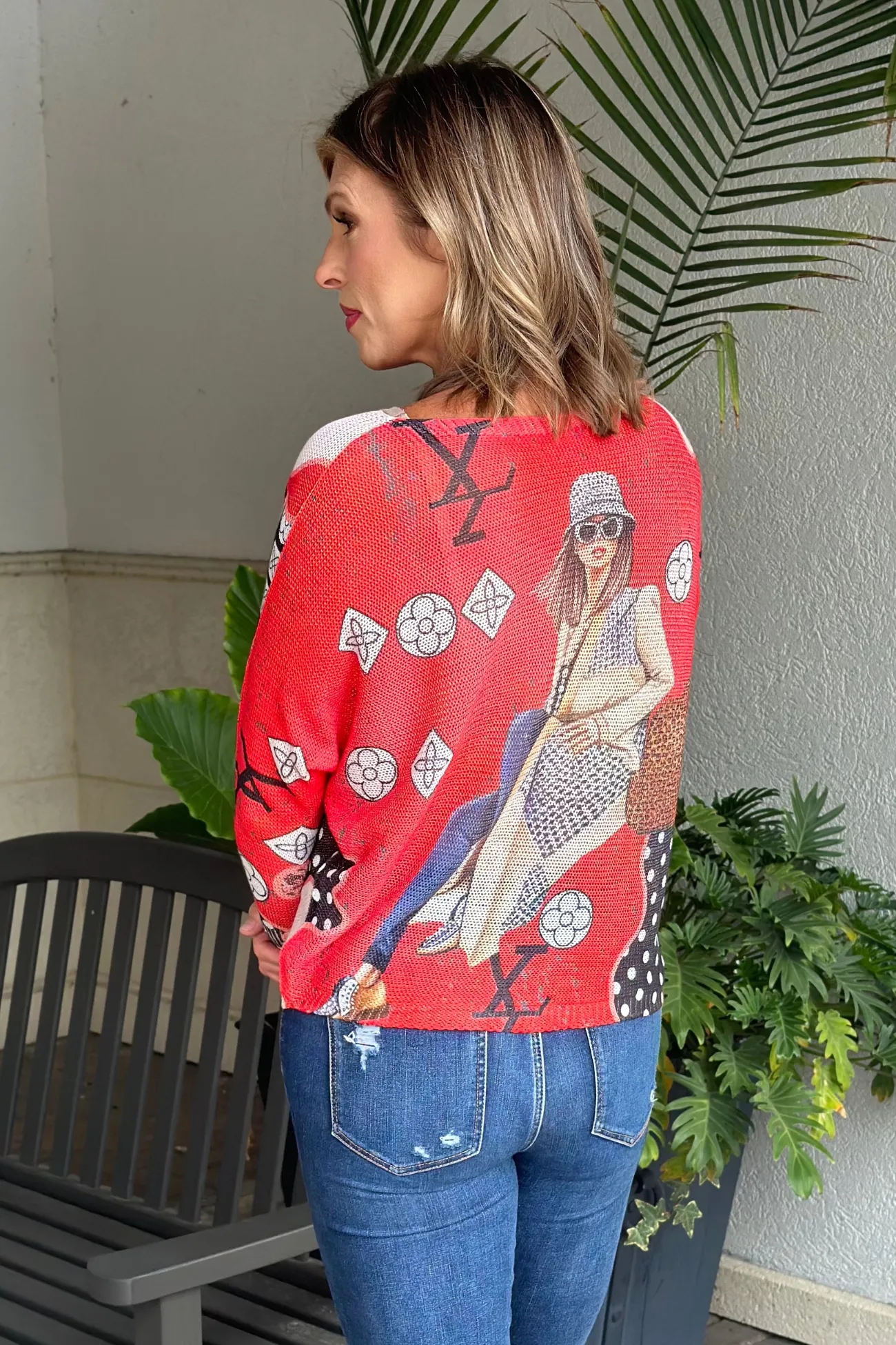 Sweet LV Shopping Queen Batwing Knit Sweater Top-Red