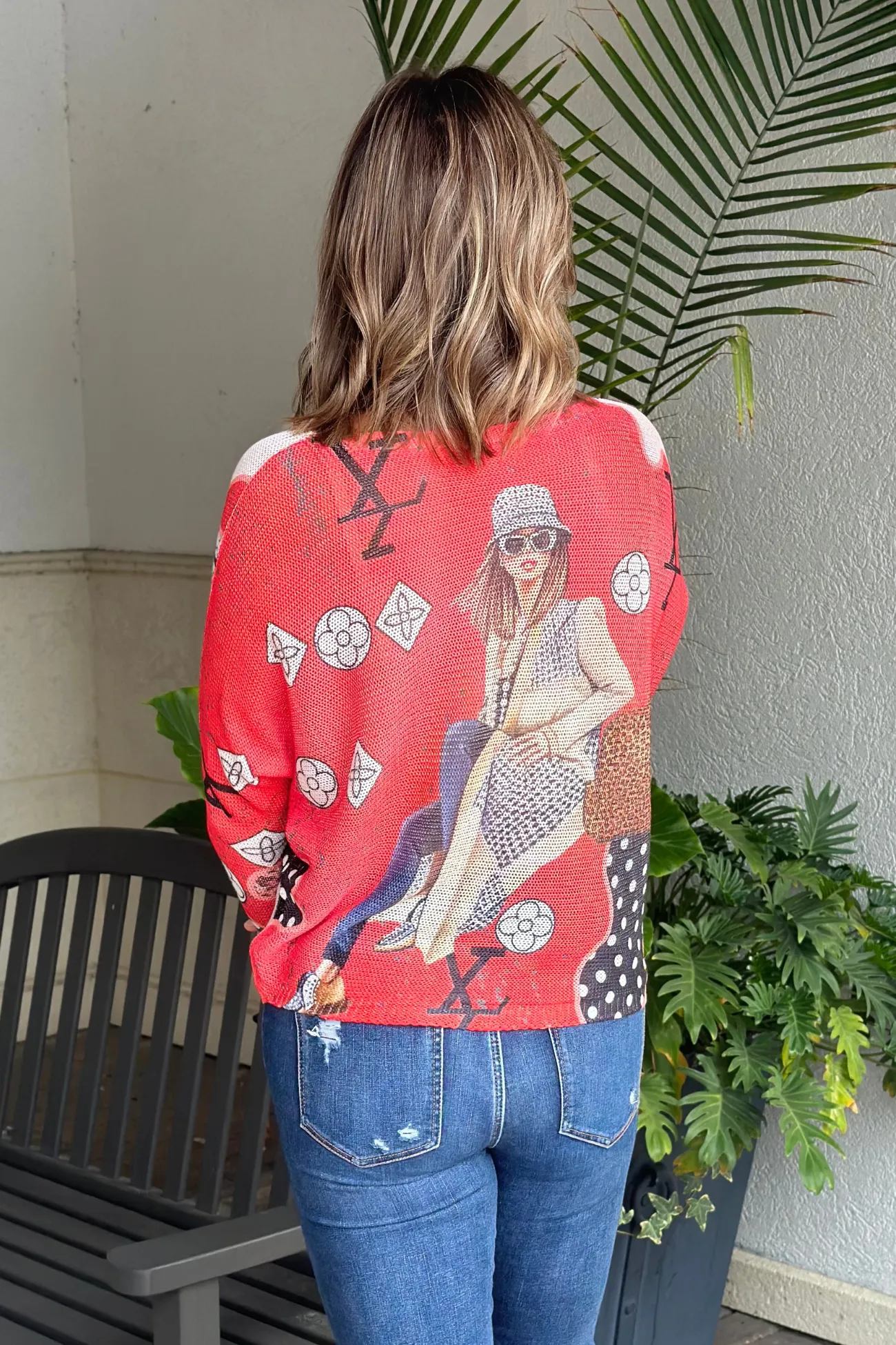 Sweet LV Shopping Queen Batwing Knit Sweater Top-Red