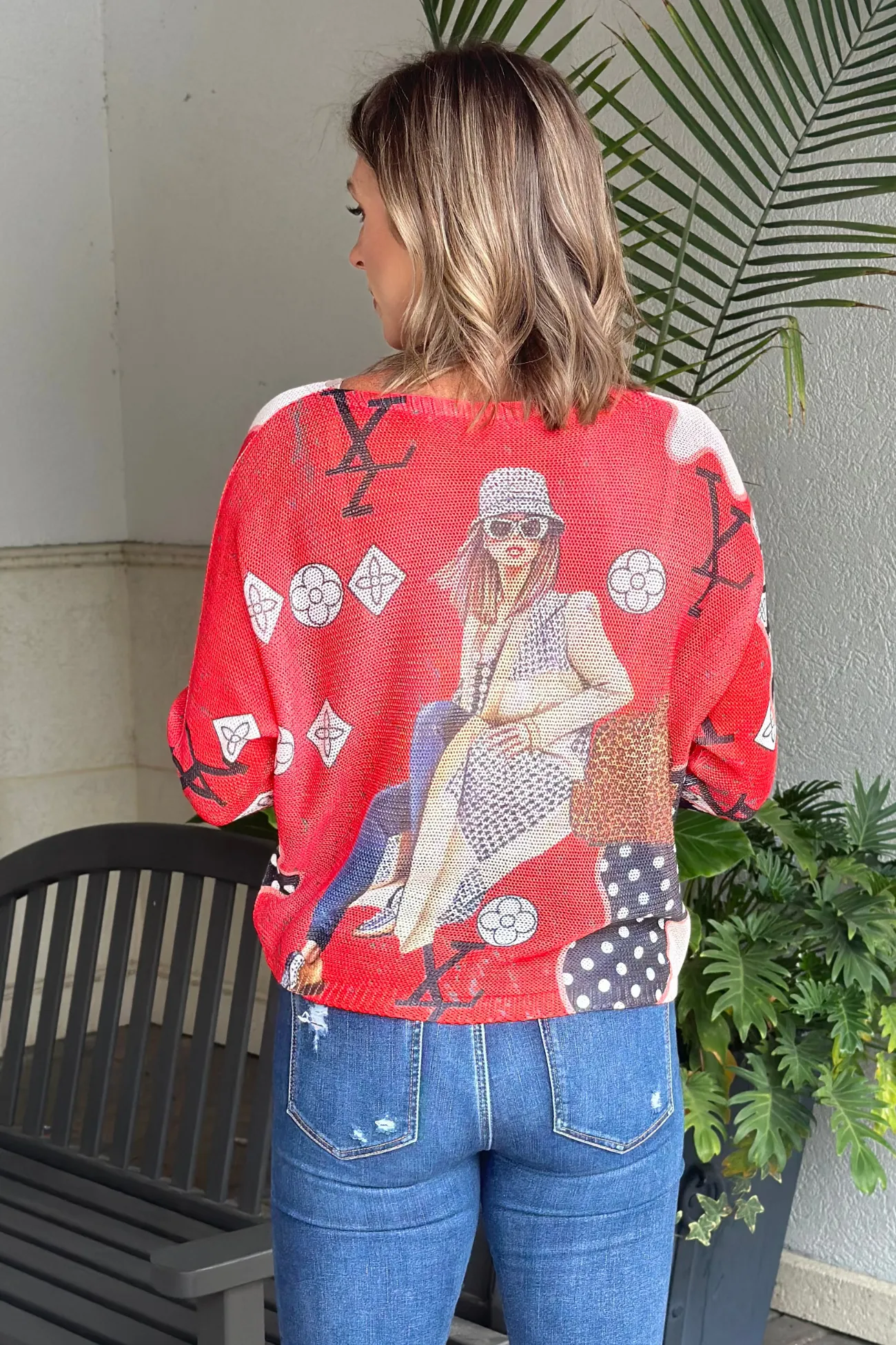Sweet LV Shopping Queen Batwing Knit Sweater Top-Red