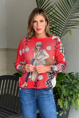 Sweet LV Shopping Queen Batwing Knit Sweater Top-Red