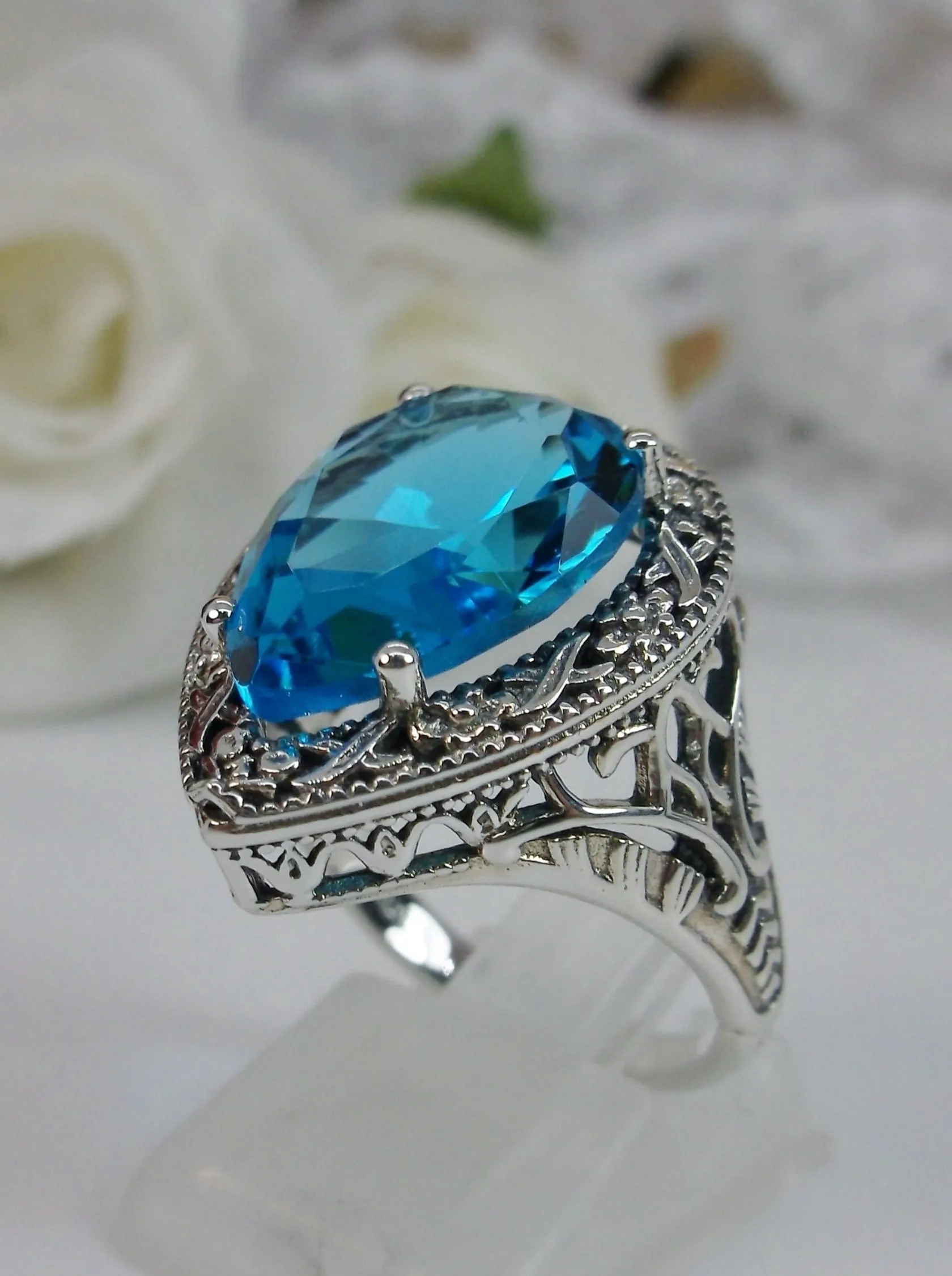 Swiss Blue Topaz Ring, Teardrop Gem, Victorian Jewelry Design#D28