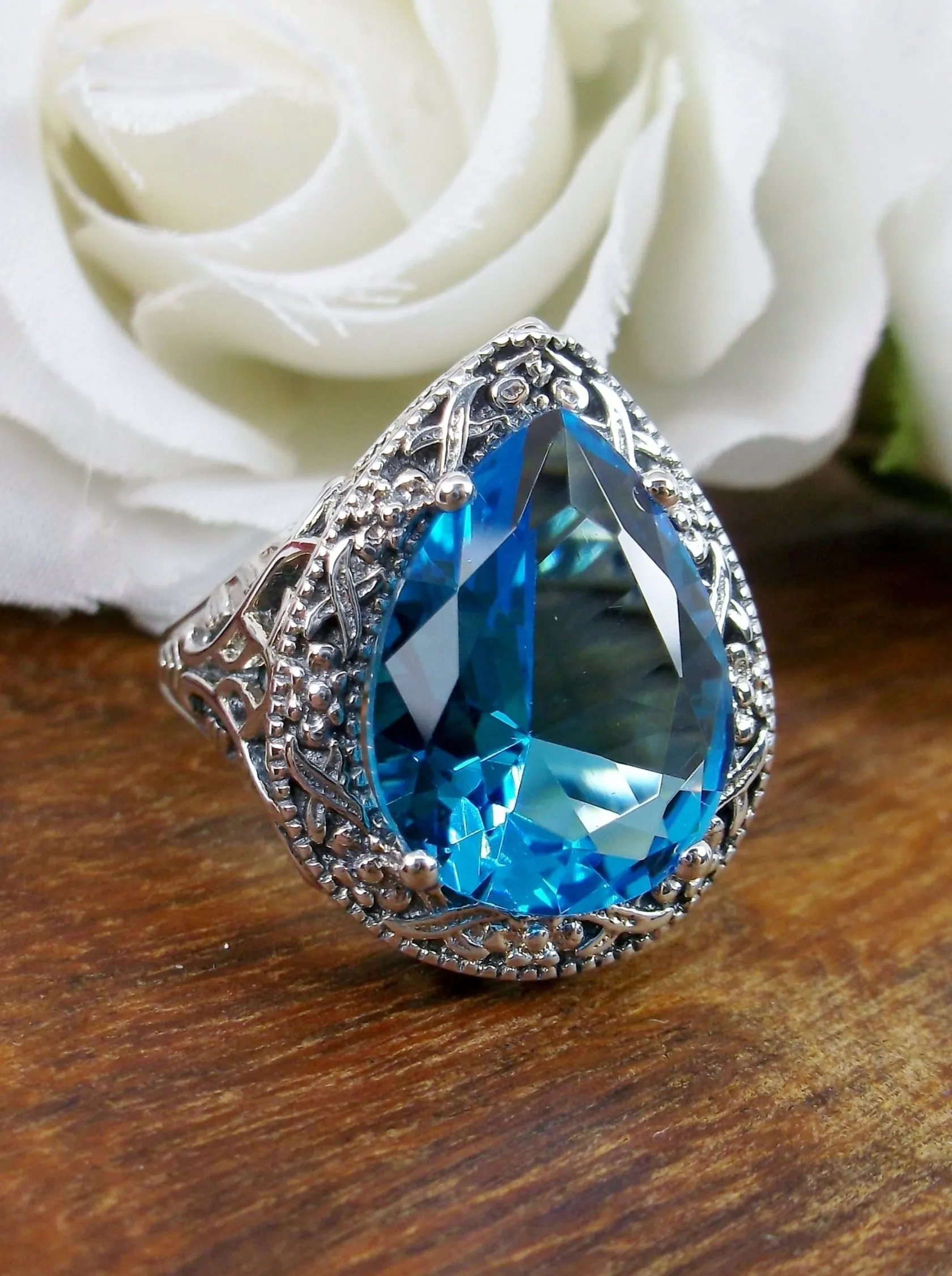 Swiss Blue Topaz Ring, Teardrop Gem, Victorian Jewelry Design#D28