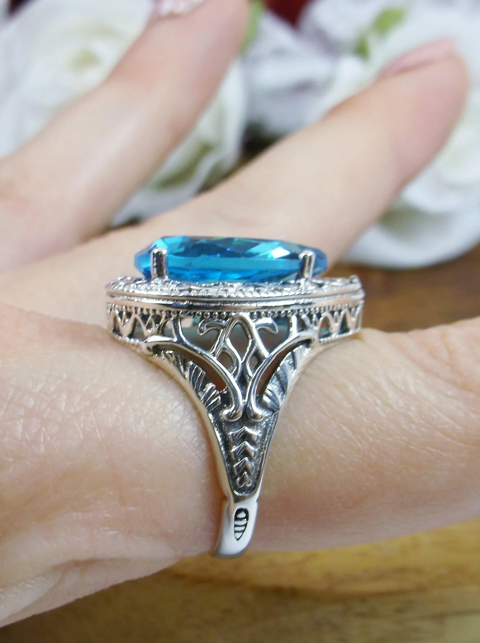 Swiss Blue Topaz Ring, Teardrop Gem, Victorian Jewelry Design#D28