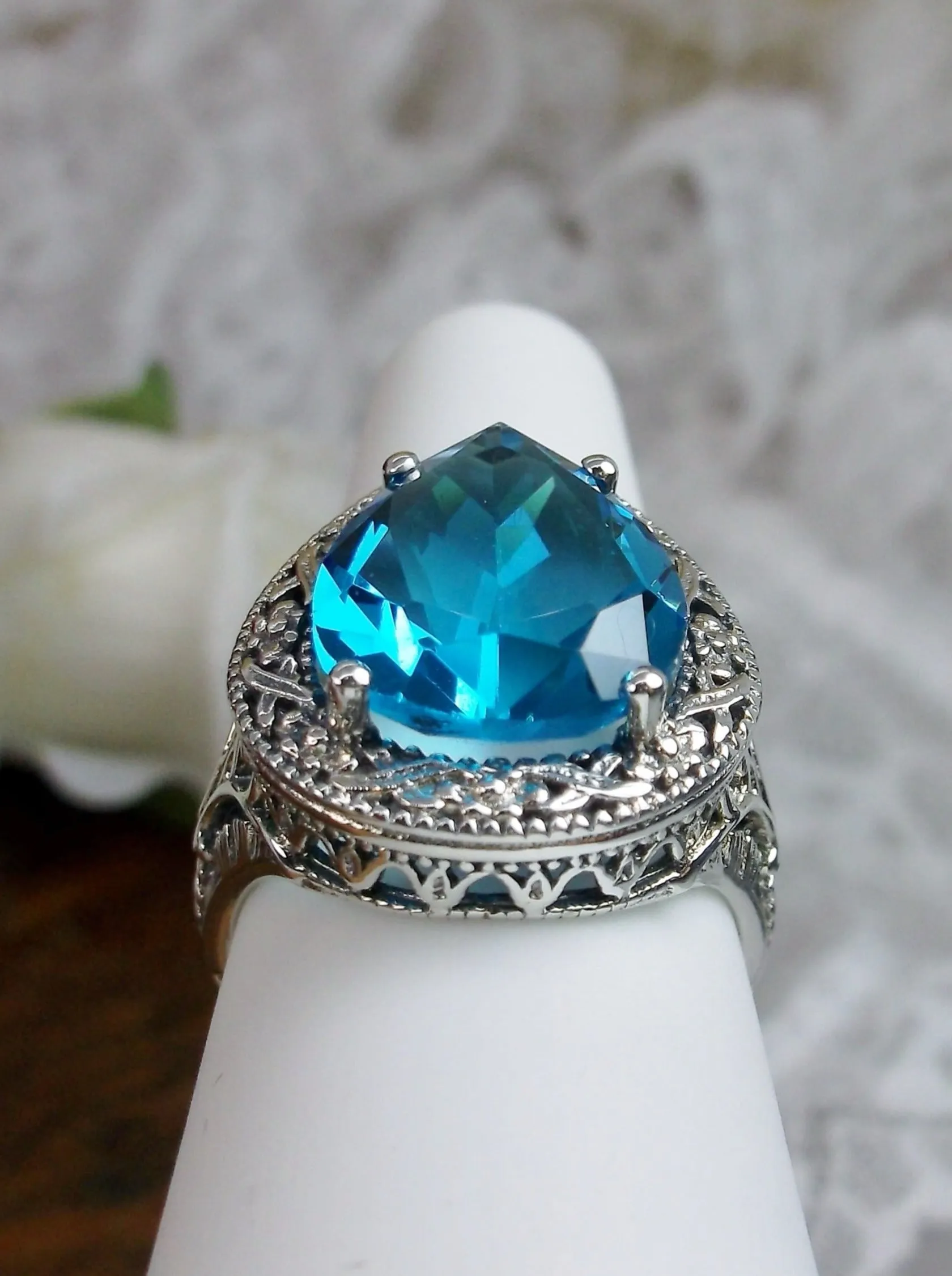 Swiss Blue Topaz Ring, Teardrop Gem, Victorian Jewelry Design#D28