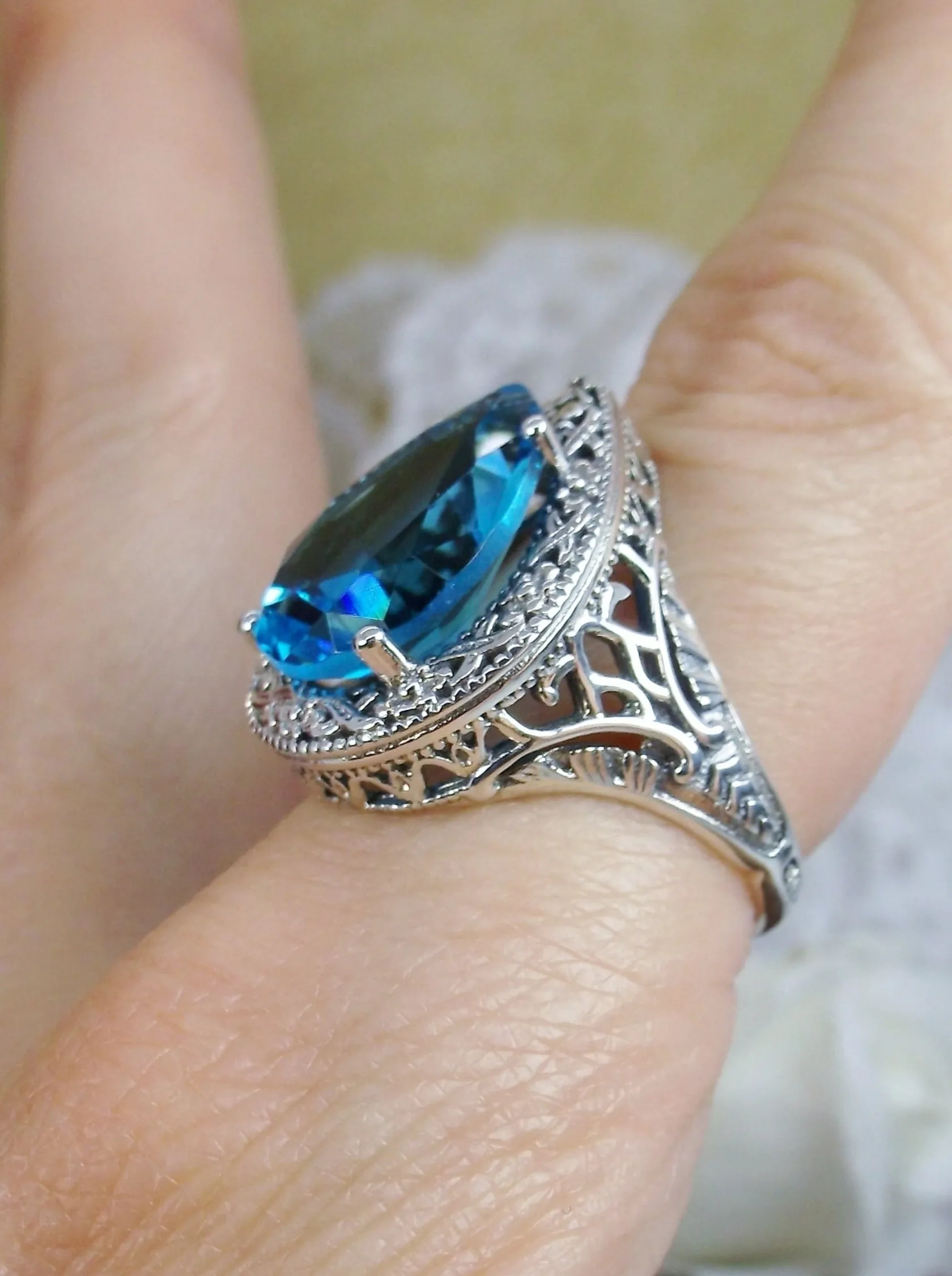 Swiss Blue Topaz Ring, Teardrop Gem, Victorian Jewelry Design#D28