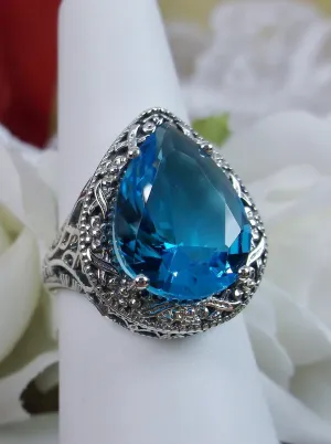 Swiss Blue Topaz Ring, Teardrop Gem, Victorian Jewelry Design#D28