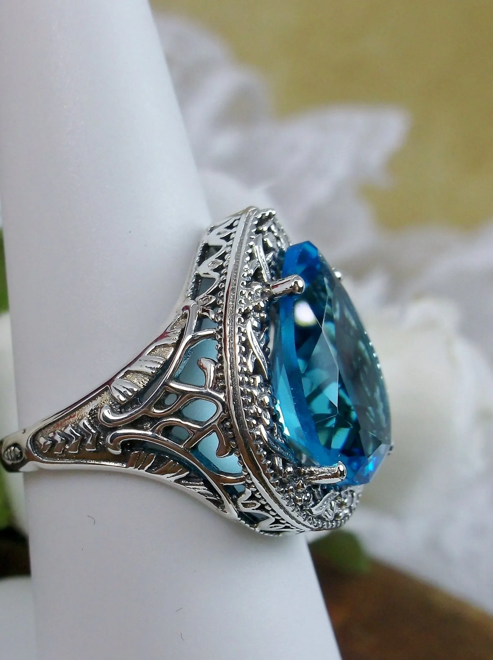 Swiss Blue Topaz Ring, Teardrop Gem, Victorian Jewelry Design#D28