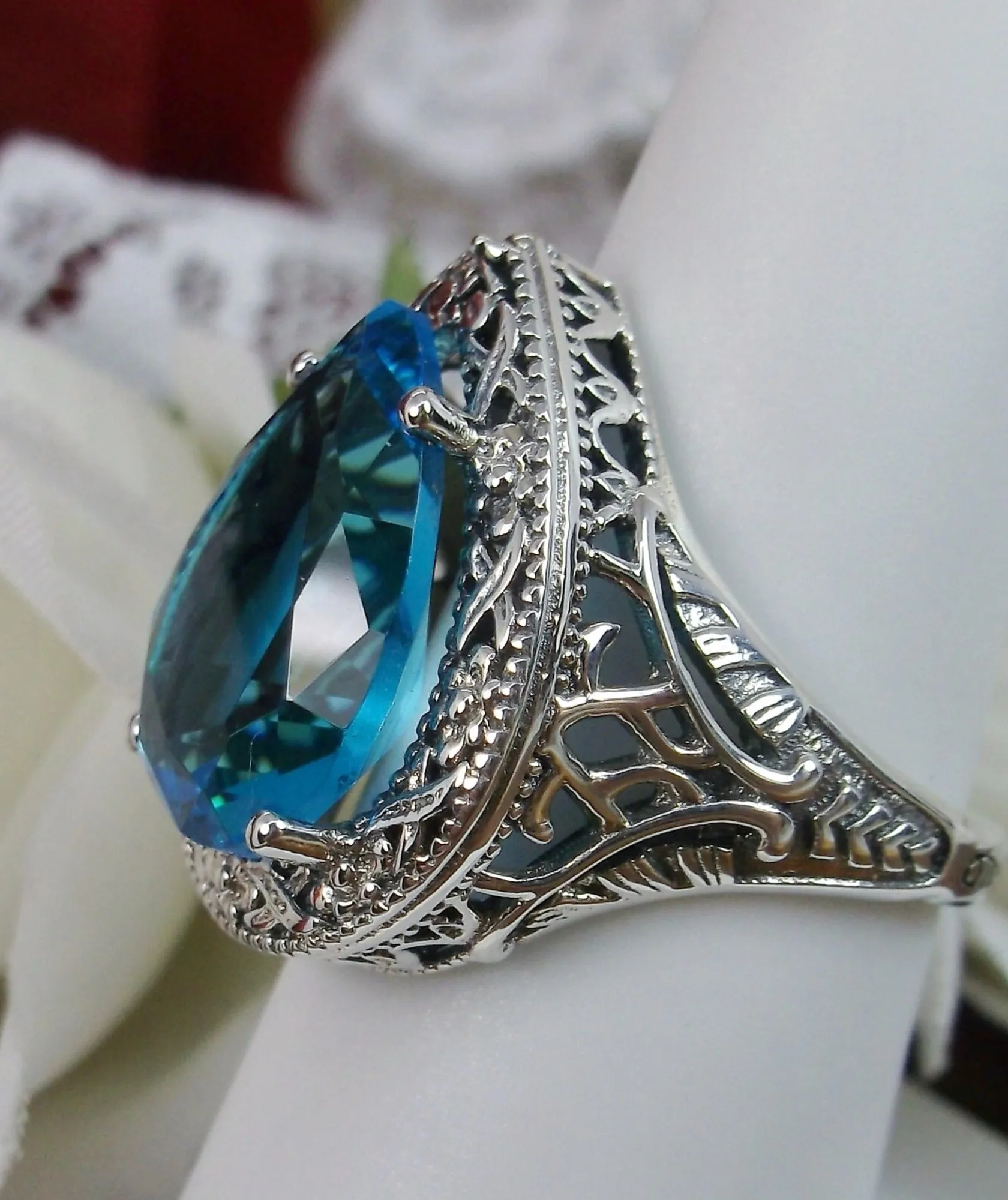 Swiss Blue Topaz Ring, Teardrop Gem, Victorian Jewelry Design#D28