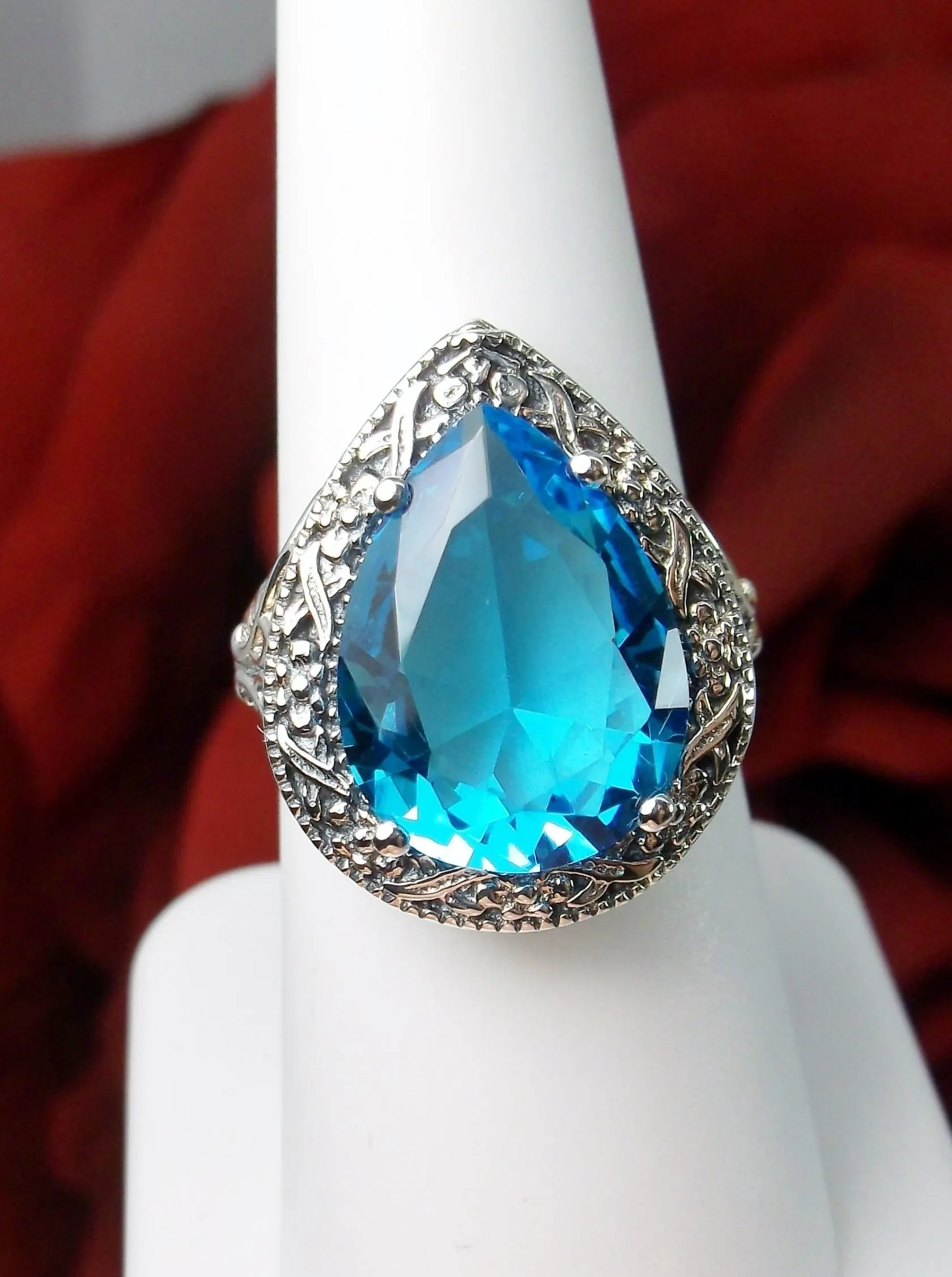 Swiss Blue Topaz Ring, Teardrop Gem, Victorian Jewelry Design#D28