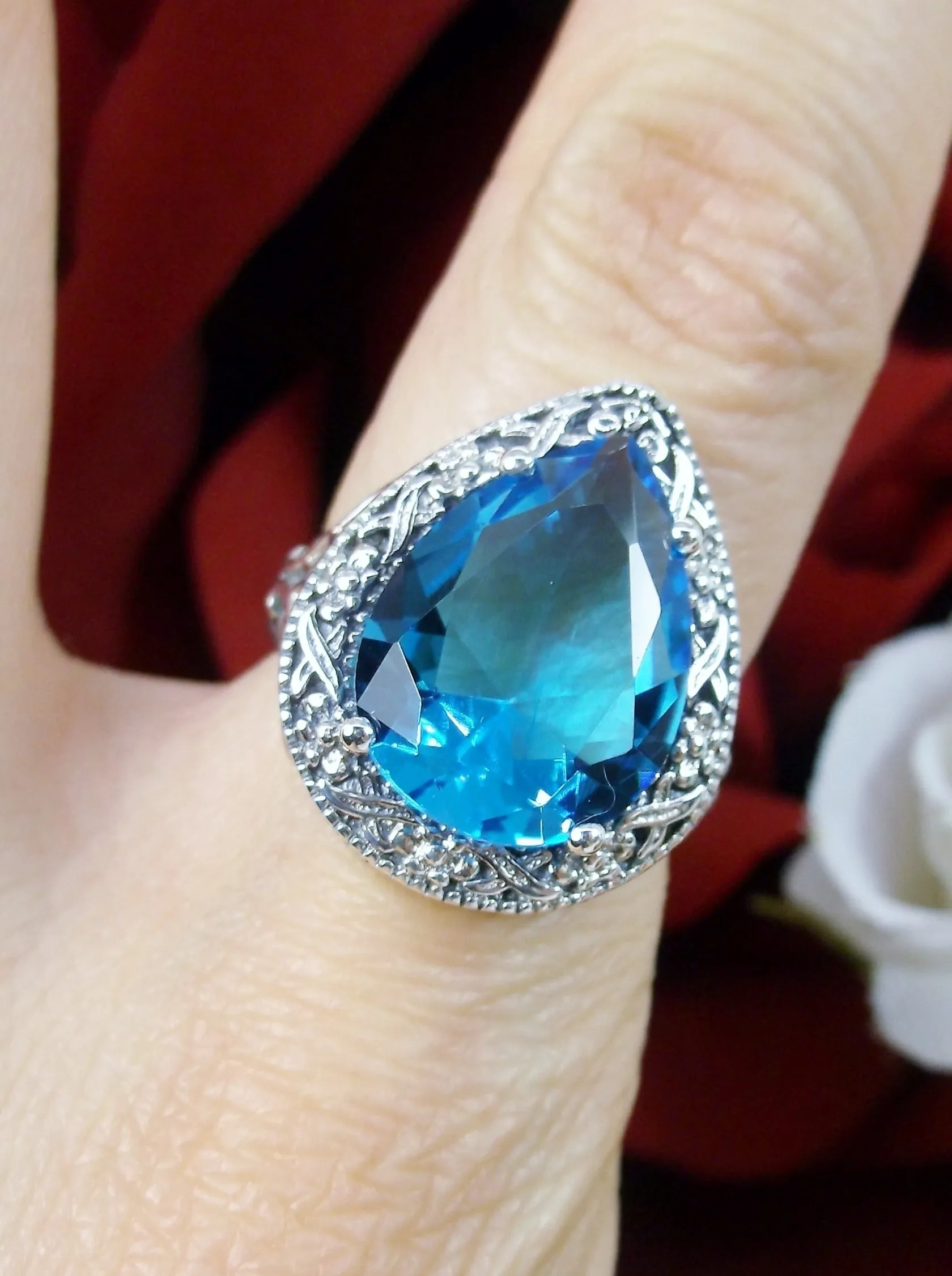 Swiss Blue Topaz Ring, Teardrop Gem, Victorian Jewelry Design#D28