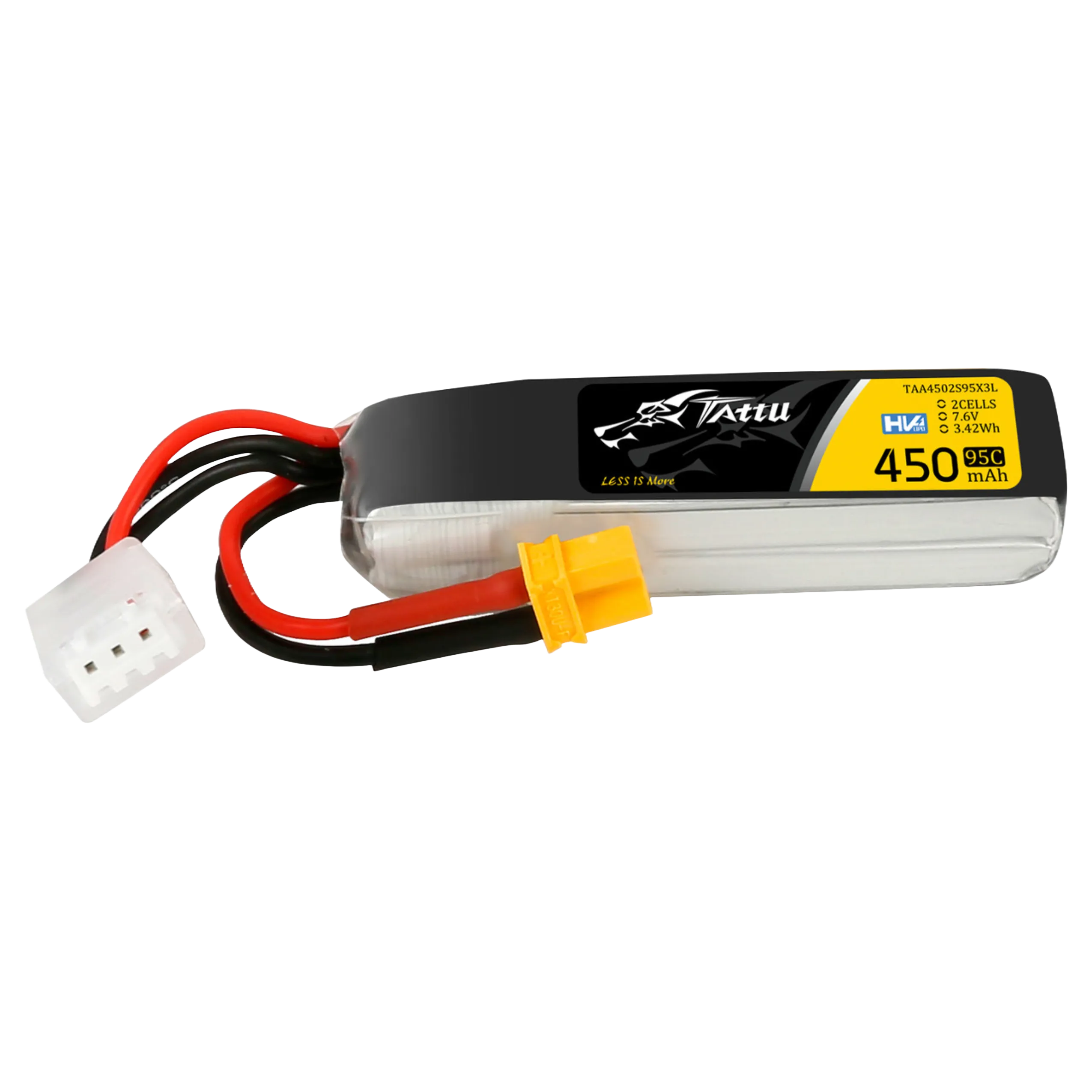 Tattu 450mAh 7.6V High Voltage 95C 2S1P Lipo Battery Pack with XT30 Plug - Long Pack