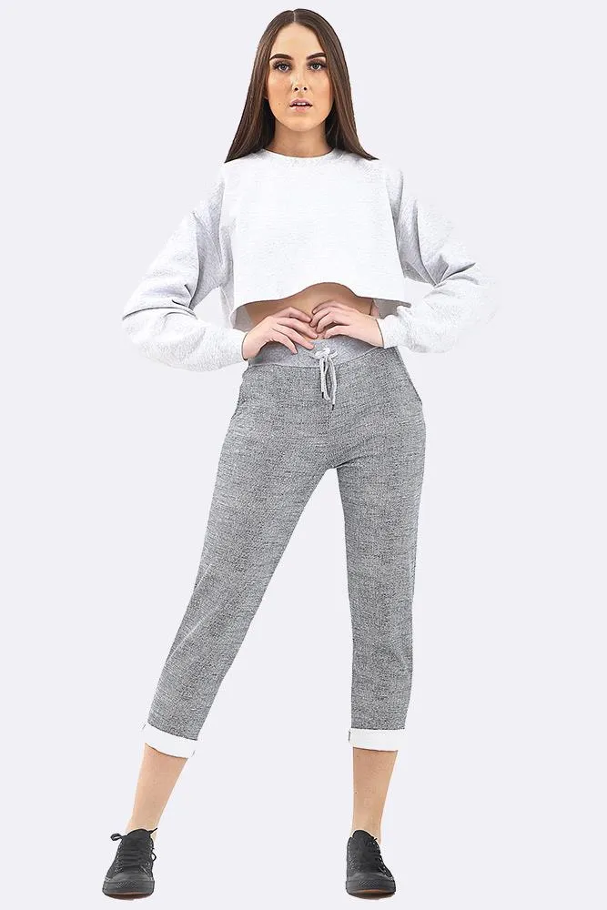 Textured Print Drawstring Foldover Hem Lined Trouser