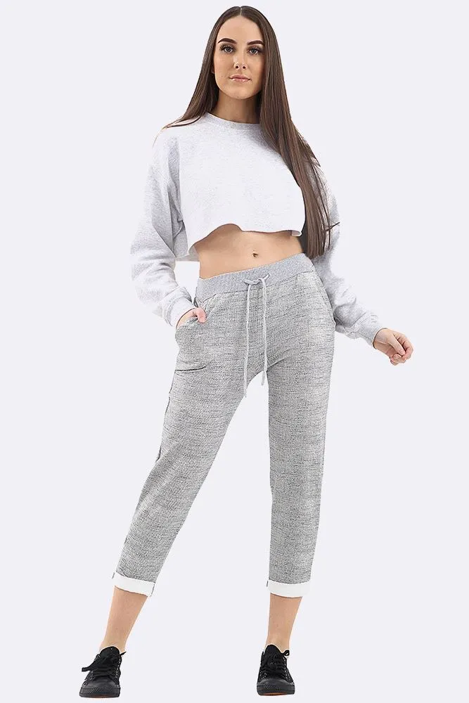 Textured Print Drawstring Foldover Hem Lined Trouser