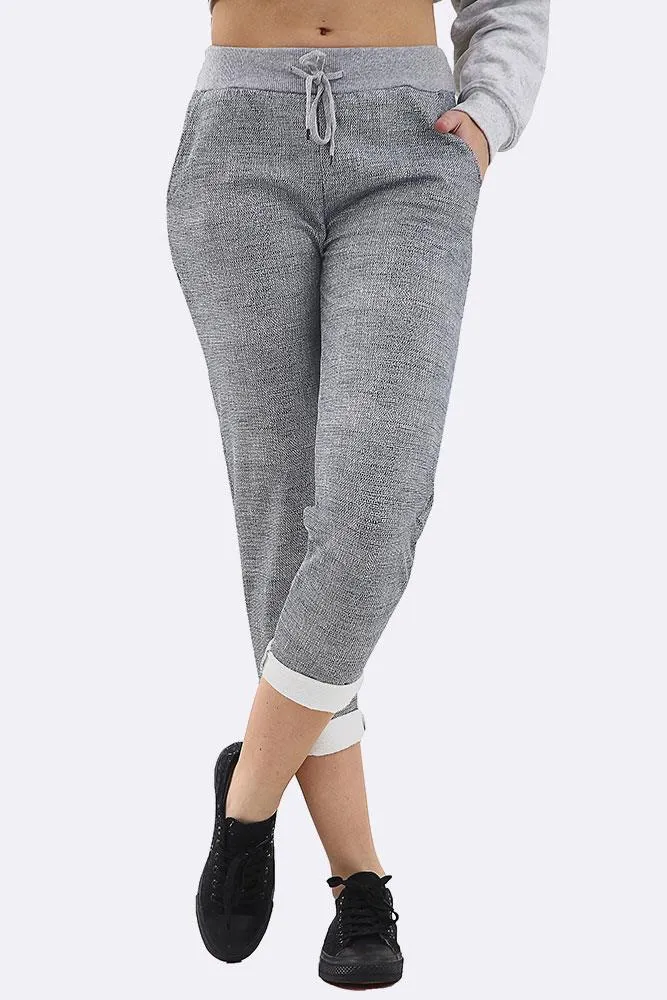 Textured Print Drawstring Foldover Hem Lined Trouser