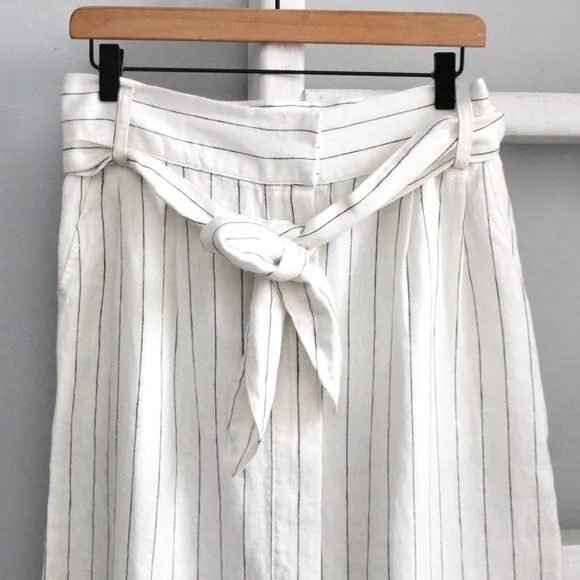 The J. Peterman Company White Black Stripe Linen Button Front Midi Skirt Large