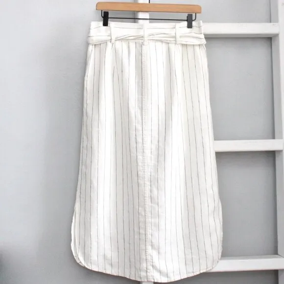 The J. Peterman Company White Black Stripe Linen Button Front Midi Skirt Large