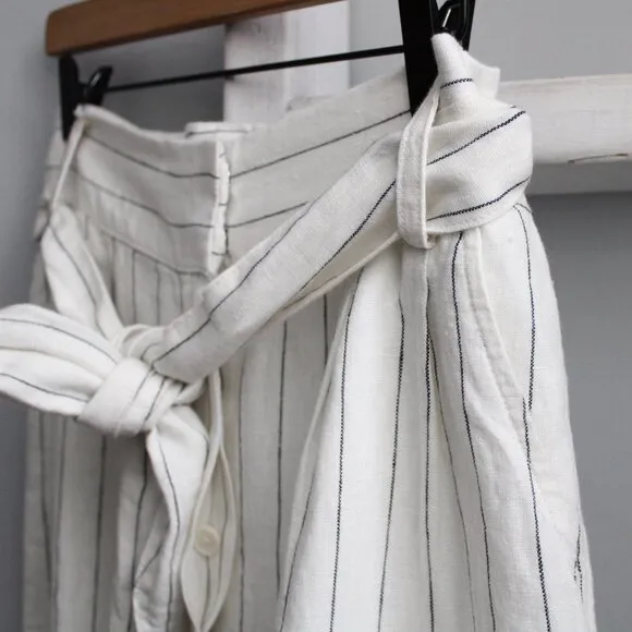 The J. Peterman Company White Black Stripe Linen Button Front Midi Skirt Large