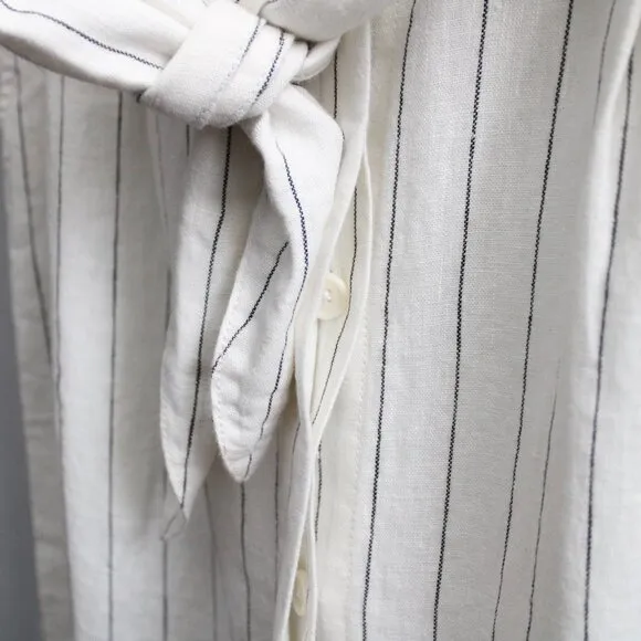 The J. Peterman Company White Black Stripe Linen Button Front Midi Skirt Large