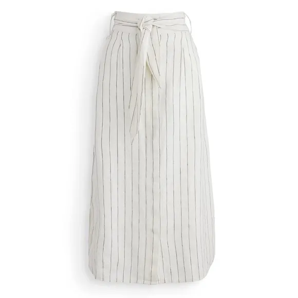 The J. Peterman Company White Black Stripe Linen Button Front Midi Skirt Large
