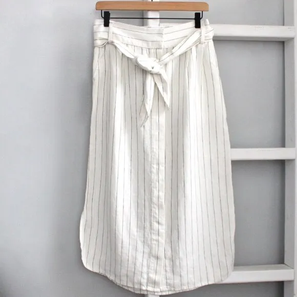 The J. Peterman Company White Black Stripe Linen Button Front Midi Skirt Large