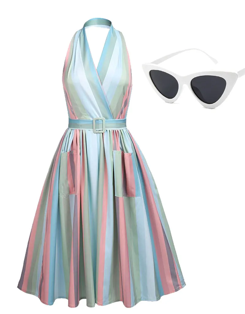 The Marvelous Mrs.Maisel Costume Dress Stripe Vintage Dress Set With Sunglasses