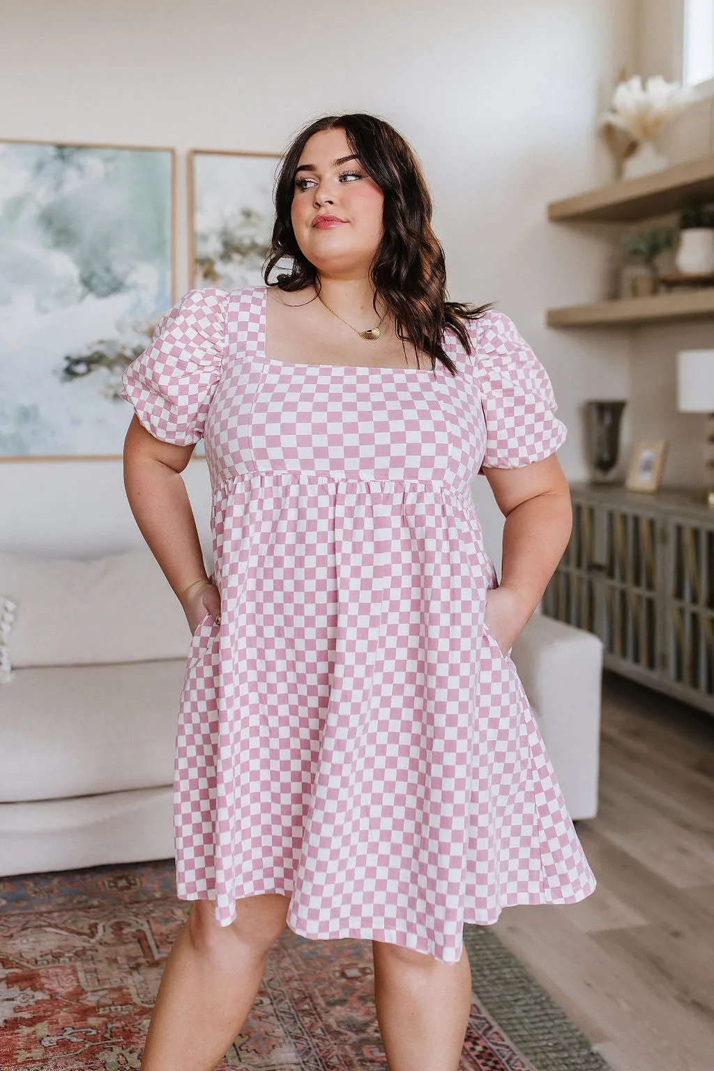 The Moment Checkered Babydoll Dress in Baby Pink