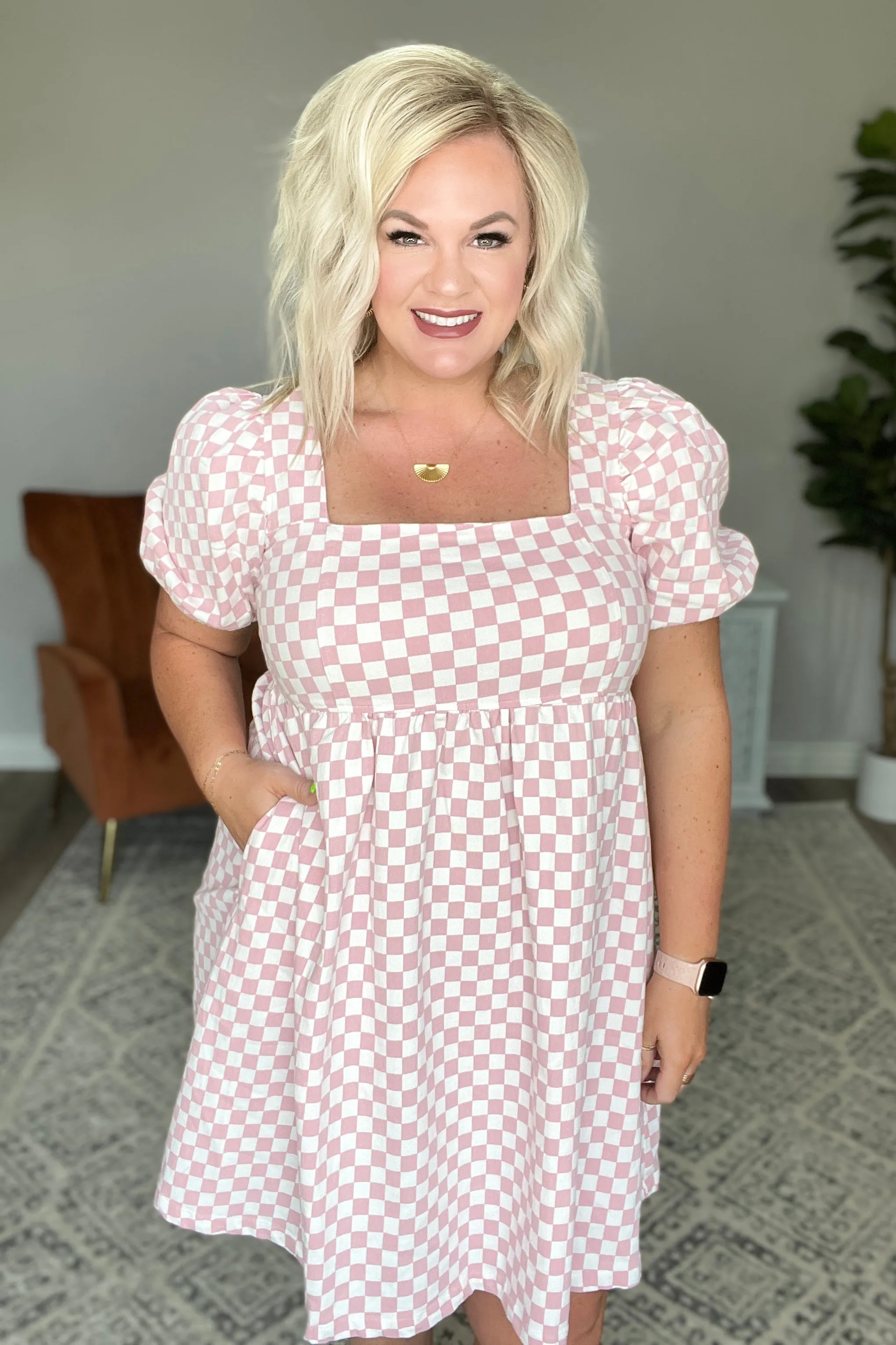 The Moment Checkered Babydoll Dress in Baby Pink
