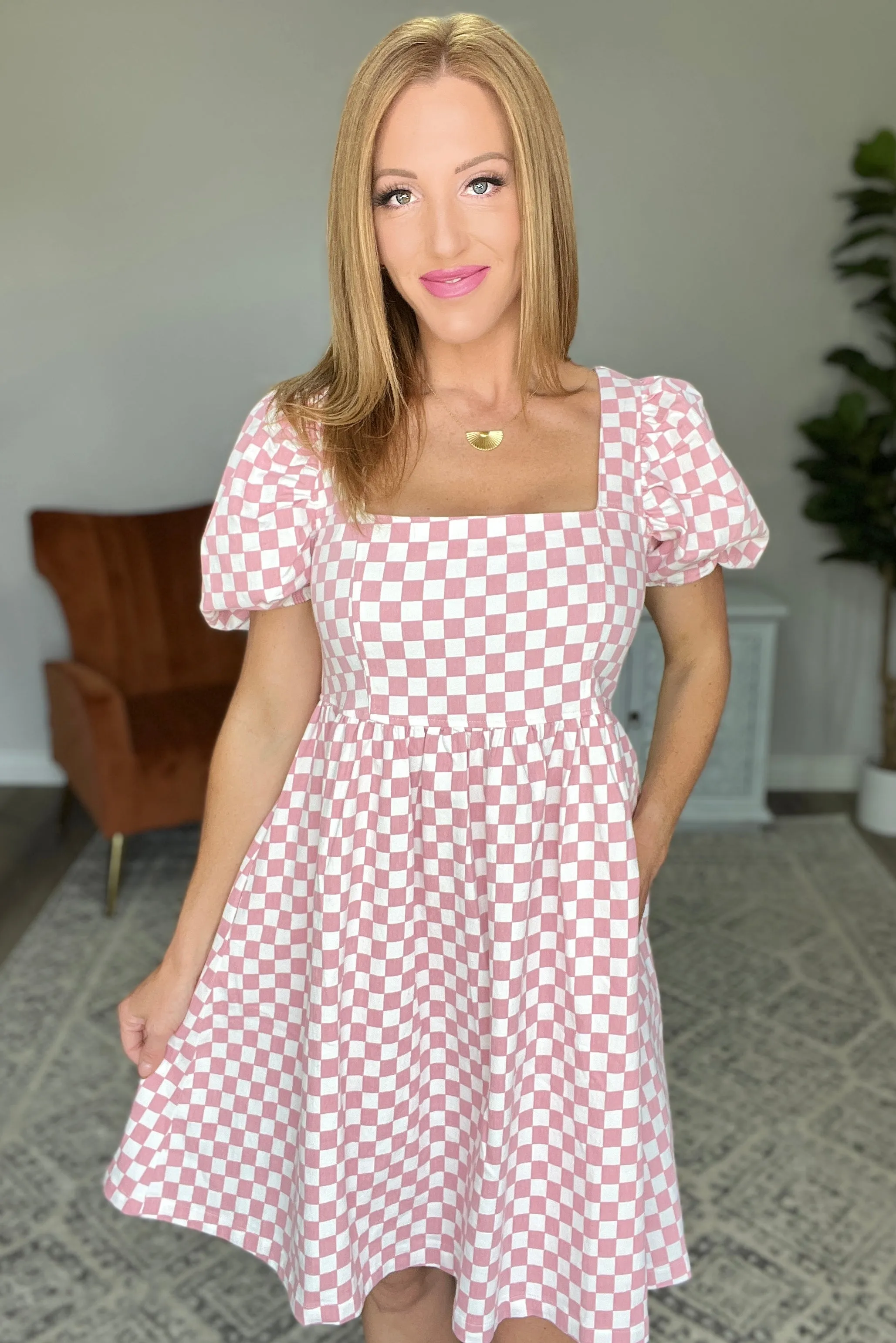 The Moment Checkered Babydoll Dress in Baby Pink