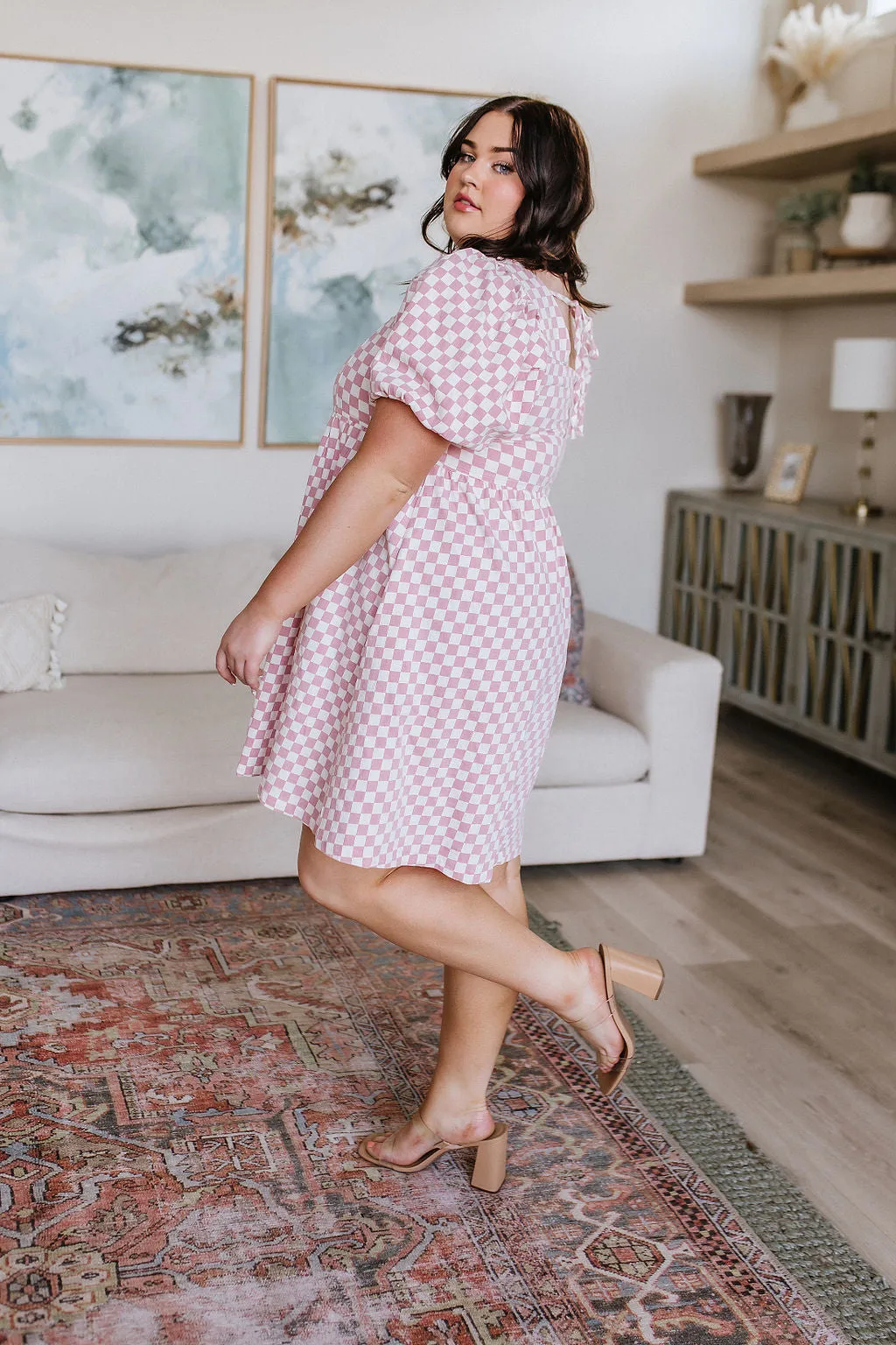 The Moment Checkered Babydoll Dress in Baby Pink