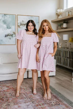 The Moment Checkered Babydoll Dress in Baby Pink