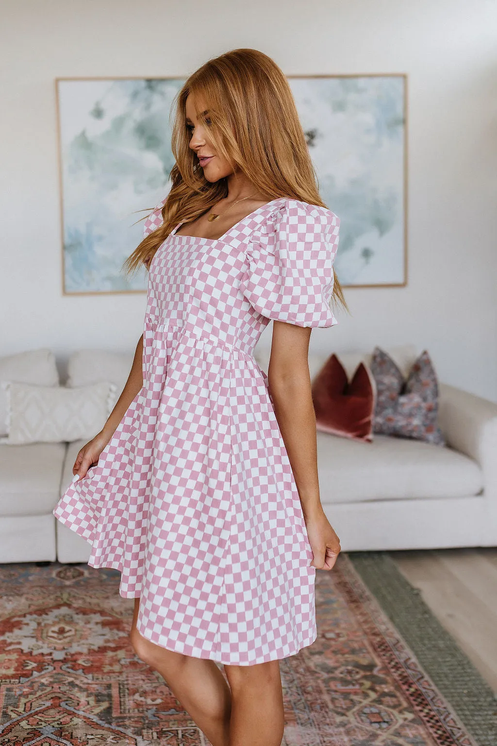 The Moment Checkered Babydoll Dress in Baby Pink