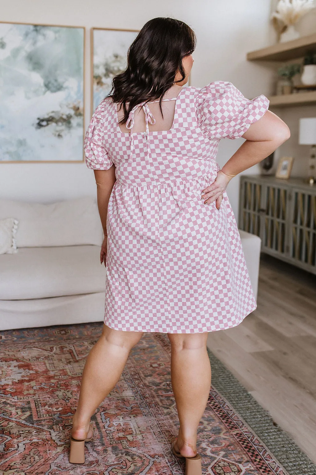 The Moment Checkered Babydoll Dress in Baby Pink