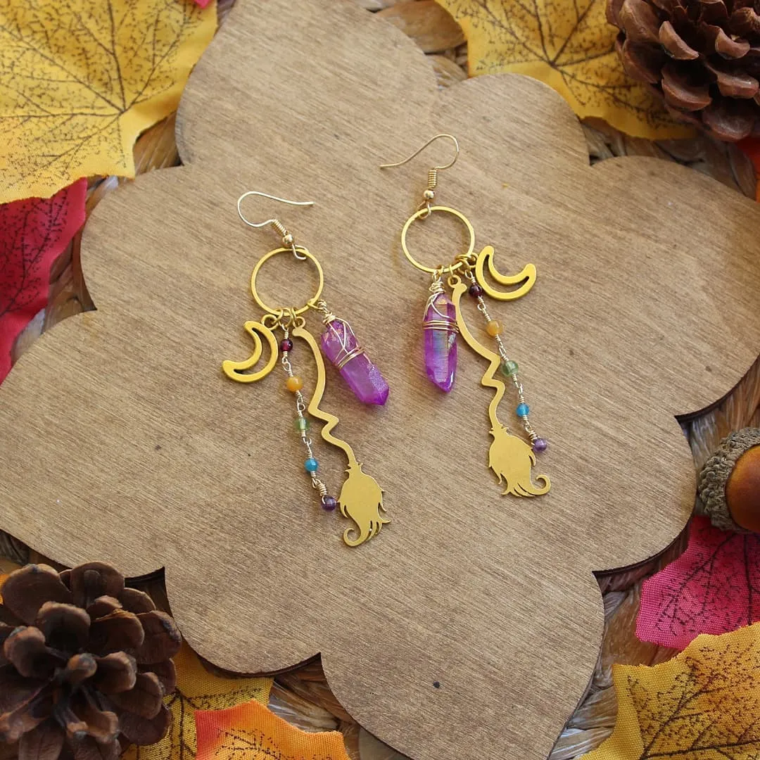 The Sun Moon and Stars Sunburst Quartz Crystal Witchy Earrings Moon Celestial Earrings