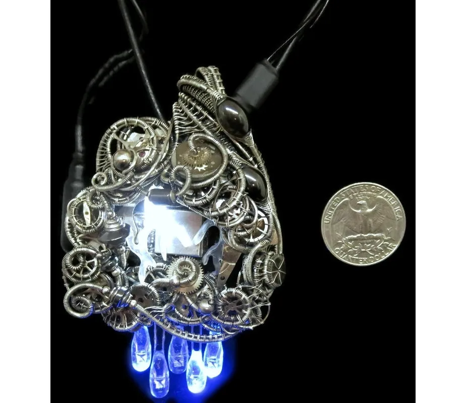 Thunderstorm Necklace with Upcycled Electronic and Watch Parts, Steampunk/Cyberpunk Fusion, LEDs
