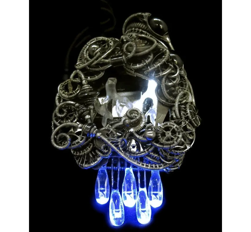 Thunderstorm Necklace with Upcycled Electronic and Watch Parts, Steampunk/Cyberpunk Fusion, LEDs