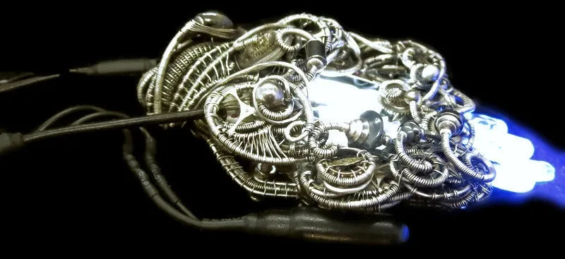 Thunderstorm Necklace with Upcycled Electronic and Watch Parts, Steampunk/Cyberpunk Fusion, LEDs